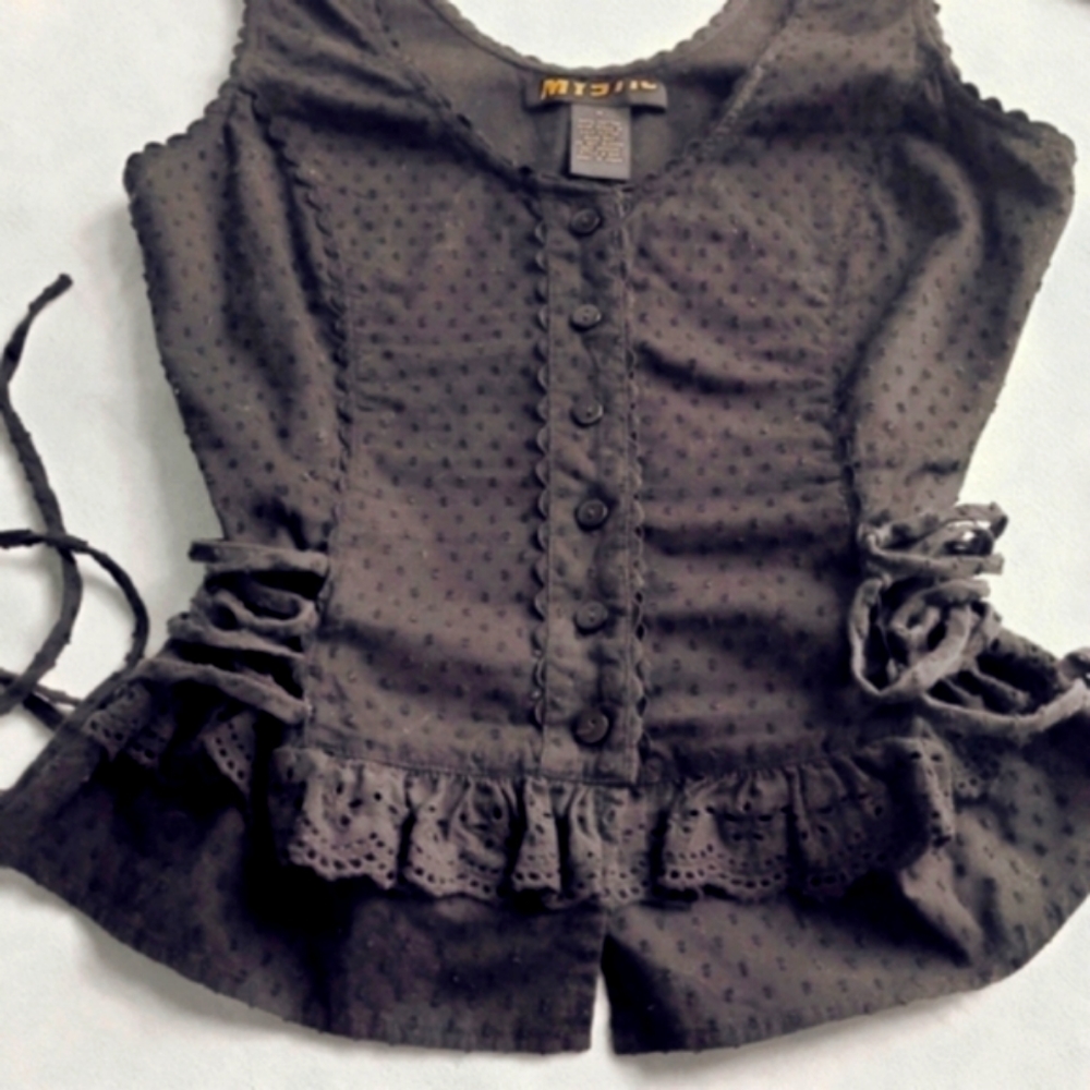 MYSTIC Brand, Vintage 100% cotton Boho, goth top with adjustable sides.